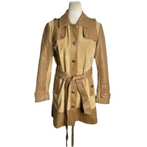 Iman Brown Leather Suede Jacket Trench Coat‎ Belted 70s Boho Hippie Small